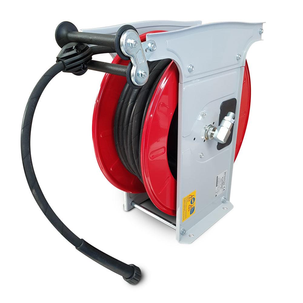 Automatic pressure washer hose outlet reel